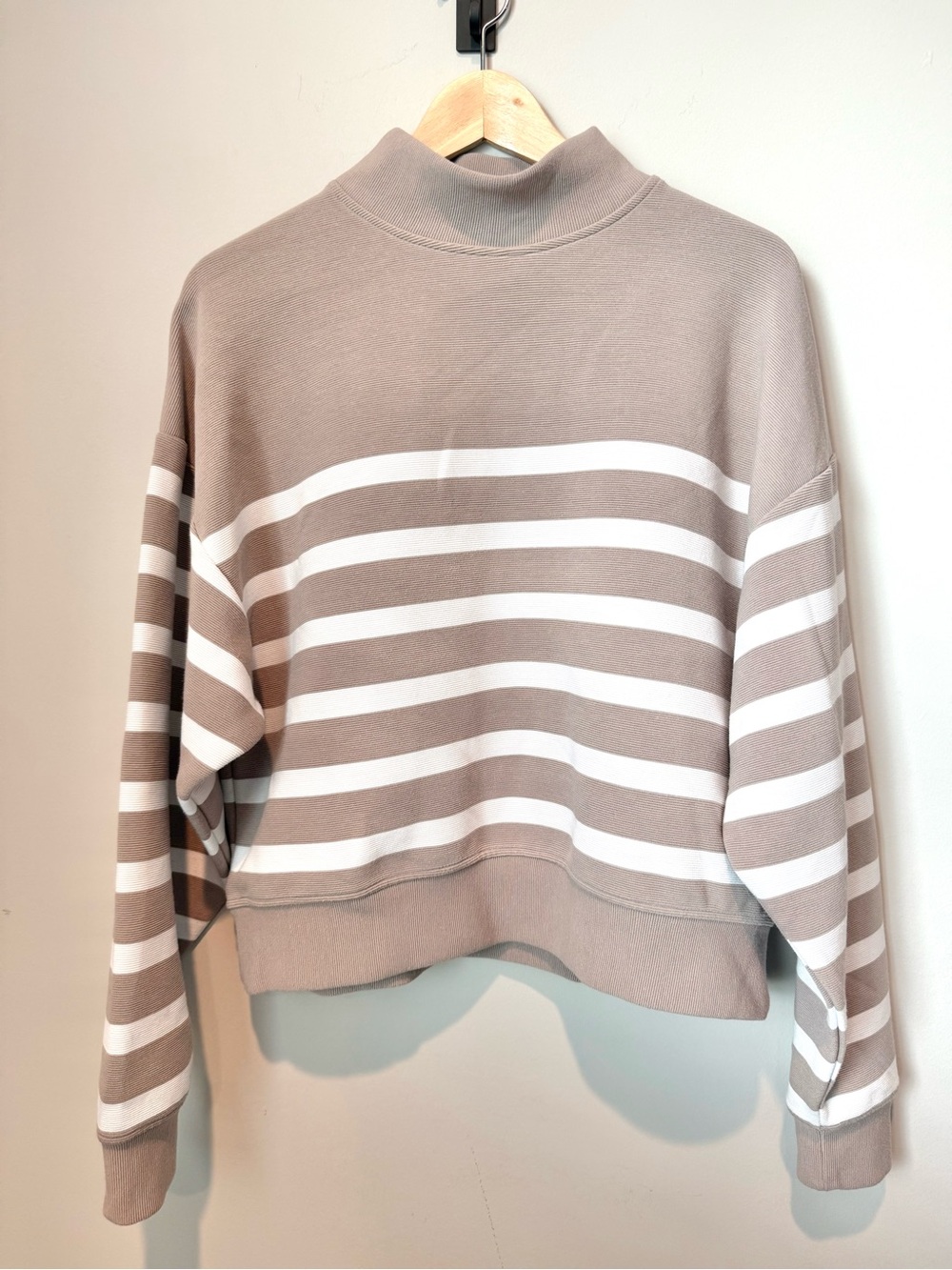 Calia Textured Striped Mock Neck Crop Sweater - Taupe & White